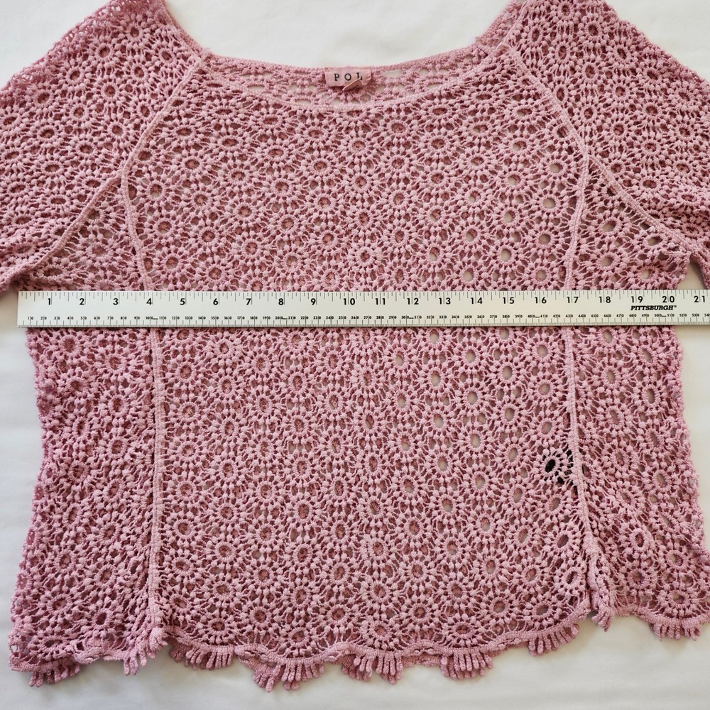 POL Clothing Pink Crochet knit Floral Medallion Top Shirt Bell Sleeve Med Large - Picture 5 of 5